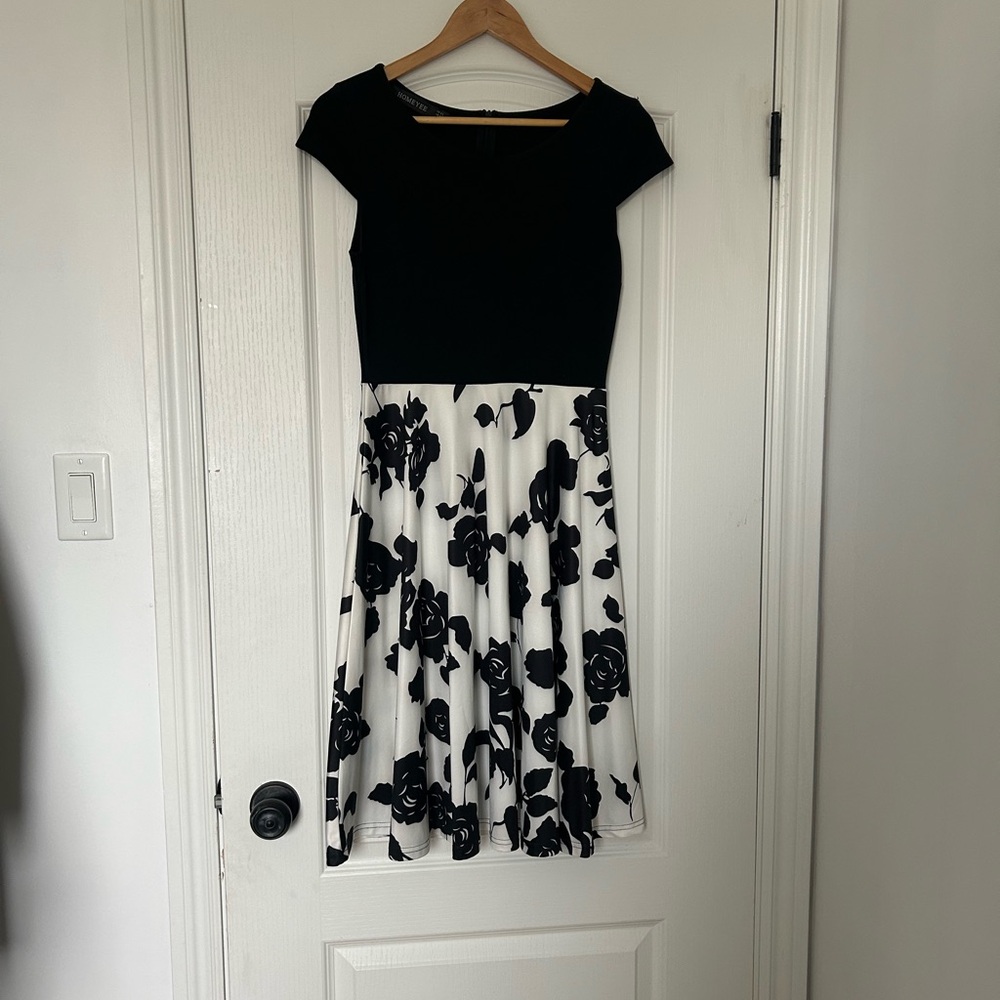 Black & White Floral Midi Dress with Cap Sleeves